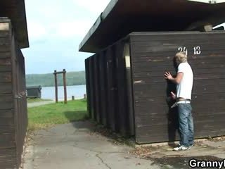 Old blonde gets fucked in the public changing room