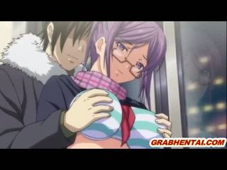 Busty anime gets her nipples pierced and fucked in the public train