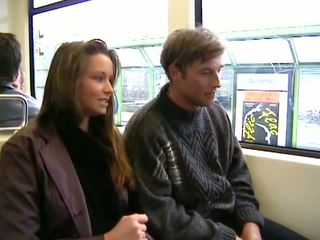 Brunette gives bus ride blowjob